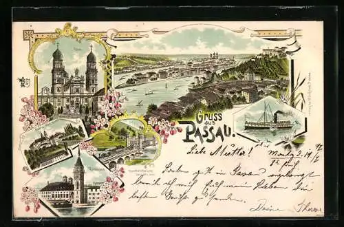 Lithographie Passau, Dom, Rathaus, Eisenbahnbrücke, Dampfer