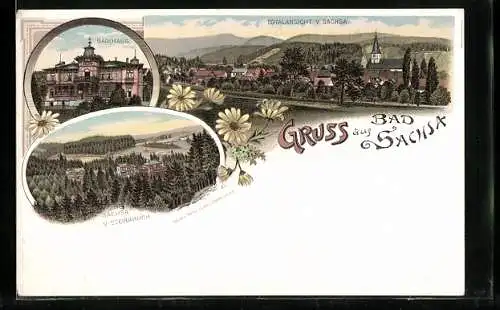 Lithographie Bad Sachsa, Badehaus, Totalansichten