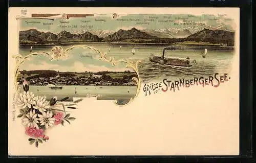 Lithographie Starnberg, Dampfer Luitpold auf Rundfahrt auf dem Starnberger See, Umgebung des Starnberger Sees um 1900