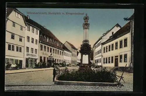 AK Münnerstadt, Marktplatz mit Kriegerdenkmal und Gasthaus Frankfurter Hof