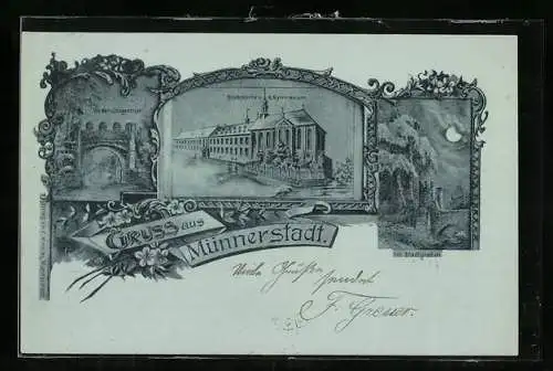 Lithographie Münnerstadt, Klosterkirche und K. Gymnasium, Jörgenthor, Stadtgraben