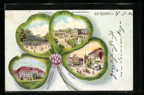 Lithographie Bad Kissingen, Konversationshaus, Rakoczybrunnen, Obere Saline, Marktplatz