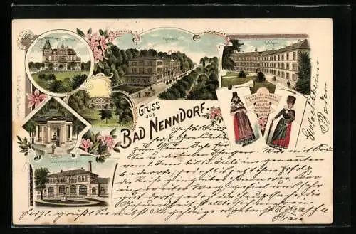 Lithographie Bad Nenndorf, Schlammbadehaus, Trinkquelle, Villa Dr Ewe, Kurhaus, Schlösschen
