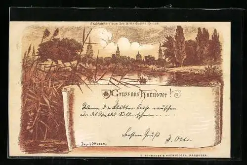 Lithographie Hannover, Stadtansicht von der Steinthormasch aus