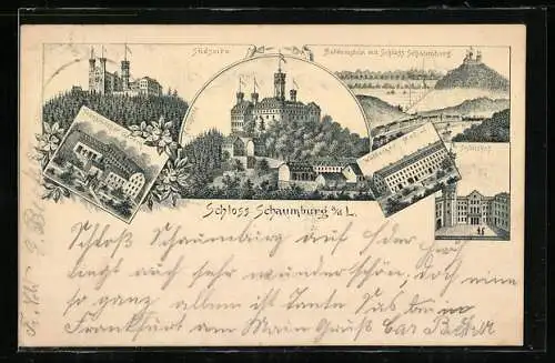 Lithographie Balduinstein, Schloss Schaumburg, Gasthaus Waldecker Hof, Französischer Garten