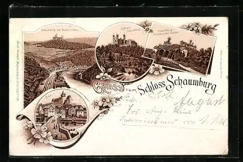 Lithographie Balduinstein, Schloss Schaumburg, Französischer Garten, datiert 1895