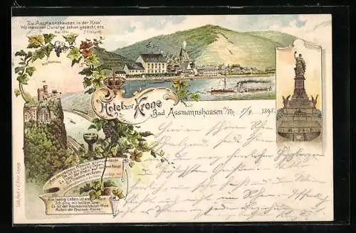 Vorläufer-Lithographie Bad Assmannshausen a. Rh., 1895, Hotel zur Krone, Dampfer, Denkmal