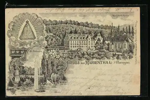 Lithographie Marienthal i. Rheingau, Kloster und Wallfahrtskirche, Hl. Antonius
