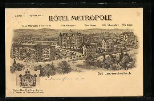 Lithographie Bad Langenschwalbach, Hotel Metropole, Villa Hohenzollern