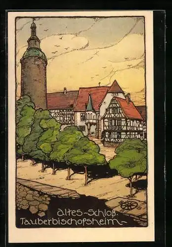 Steindruck-AK Tauberbischofsheim, Blick auf das Alte Schloss
