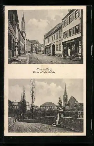 AK Hammelburg, Strassenpartie mit Café Gossmann, Partie an der Brücke