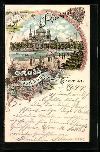 Lithographie Bremen, Parkhaus von Franz Klüh, Ruderboote, Engel spielt Geige, Seerosen