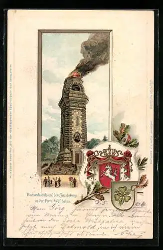 Passepartout-Lithographie Porta-Westfalica, Bismarcksäule auf dem Jacobsberge, Wappen