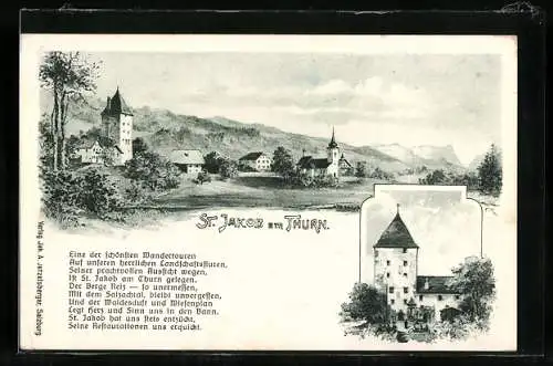 AK St. Jakob am Thurn, Ortspartie mit Kirche, Gebäudeansicht