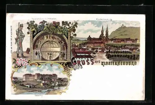 Lithographie Klosterneuburg, Kaserne, Fassrutschen im Stiftskeller, Ortsansicht mit Kirche