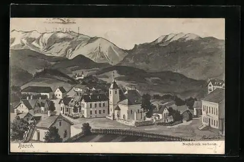 Künstler-AK Raach am Hochgebirge, Ortsansicht mit Kirche