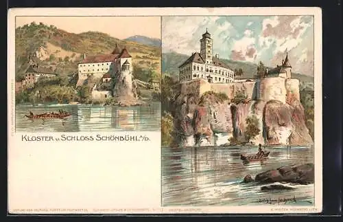Lithographie Schönbühel a. D., Kloster und Schloss