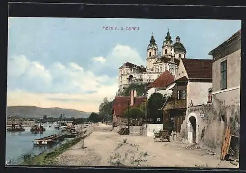 AK Melk a. d. Donau, Uferpartie mit Blick zum Stift