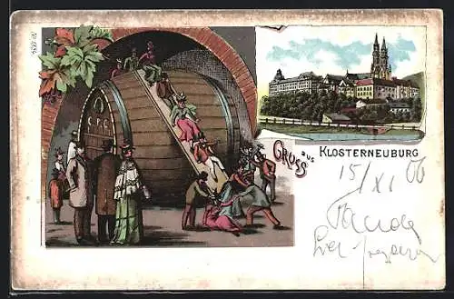 Lithographie Klosterneuburg, Panorama und Weinfass mit Rutsche