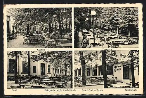 AK Frankfurt-Niederrad, Gasthaus Bürgerliche Schiessstände, Terrasse, Garten, Saal und Wirtschaft