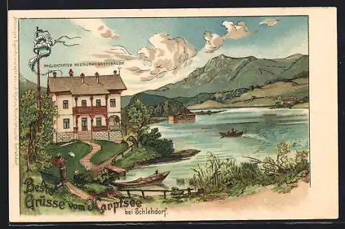 Lithographie Schlehdorf, Gasthaus am Karptsee mit Umgebung