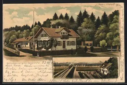 Lithographie Deisenhofen / Oberhaching, Waldrestaurant mit Eisenbahn