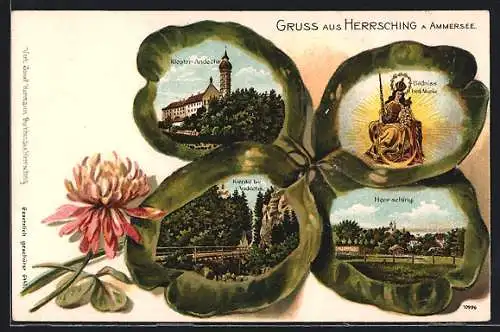 Passepartout-Lithographie Herrsching a. Ammersee, Kloster Andechs, Kiental und Bildnis der heiligen Maria im Kleeblatt