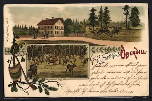 Lithographie Oberdill, Gasthof Forsthaus, Waldpartie mit Hirschen