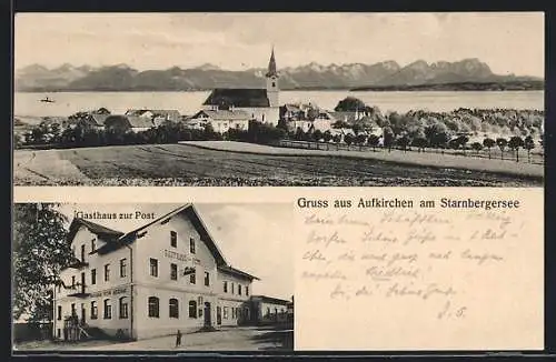 AK Aufkirchen / Starnberger See, Gasthaus zur Post, Ortspartie mit Kirche