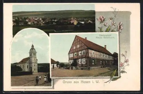 AK Husen / Lichtenau, Restarant Franz Rohrbach, Kirche, Teilansicht