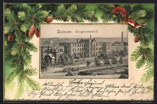 Präge-AK Bochum, Krankenhaus Bergmannsheil, Eichhörnchen auf Tannenzweig, Passepartout