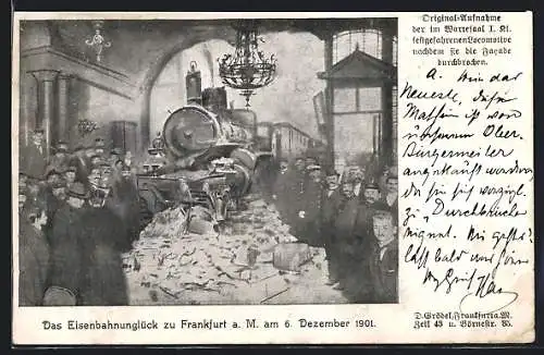 AK Frankfurt a. M., Eisenbahnunglück 1902, Im Wartesaal I. Klasse festgefahrene Lokomotive