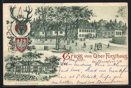 Lithographie Frankfurt-Niederrad, Gasthof Ober-Forsthaus, Wappen