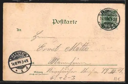 Lithographie Frankfurt, feine Dame mit Hut wirft einen Brief in den Briefkasten, Hauptpostamt, Hauptbahnhof, Eisenbahn