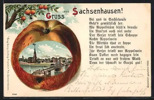 Passepartout-Lithographie Frankfurt-Sachsenhausen, Ortsansicht in einem Apfel