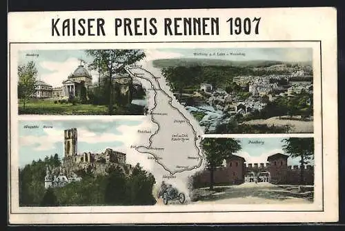 AK Kaiser Preis Rennen 1907, Rennwagen & Karte der Rennstrecke, Ortsansichten, Saalburg, Homburg, Weilburg & Königstein