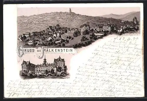 Lithographie Falkenstein / Taunus, Schloss, Teilansicht
