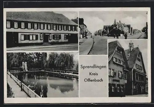 AK Sprendlingen / Dreieich, Gasthaus zur Krone, Apotheke, Schwimmbad, Strassenpartie