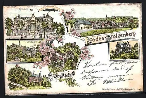 Lithographie Soden-Stolzenberg, Hotel Kurhaus, Sanatorium, Ortsansicht