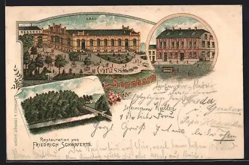 Lithographie Sonnborn, Restaurant von Friedrich Schwaferts, Saal, Gebäudeansicht