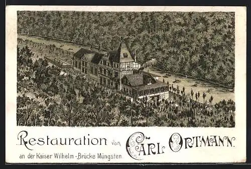 Lithographie Müngsten, Das Restaurant von Carl Ortmann an der Kaiser Wilhelm-Brücke