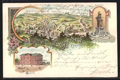 Lithographie Langenberg / Velbert, Denkmal, Bahnhof, Totalansicht