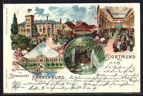 Lithographie Dortmund, Restaurant der Brauerei Kronenburg, Neue Halle, Innenansicht Saal, Grotte