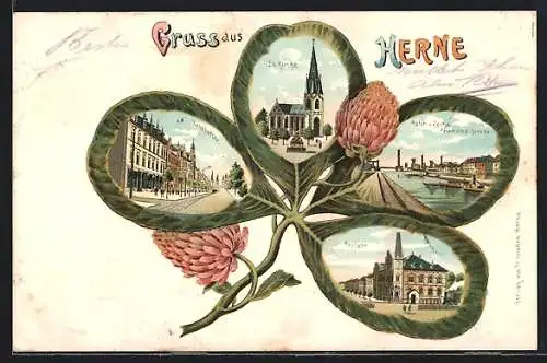 Passepartout-Lithographie Herne, Bahnhofstrasse, Hafen und Zeche Friedrich der Grosse, Ansichten auf Kleeblatt