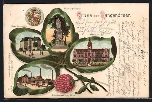 Passepartout-Lithographie Langendreer, Amtshaus, Kriegerdenkmal, Actienbrauerei Gebr. Müser, im Kleeblatt