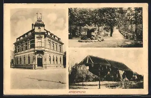 AK Angermund, Restaurant Zur Stadt Angermund von A. Radmacher mit Gartenwirtschaft, alte Kirche