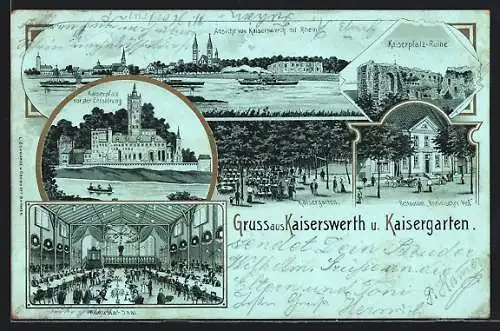 Lithographie Kaiserswerth, Ortsansicht am Rhein, Kaiserpfalz-Ruine und vor der Zerstörung, Kaisergarten