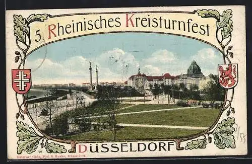AK Düsseldorf, Stadtansicht am Fluss im Herbst, zum 5. Rheinischen Kreisturnfest