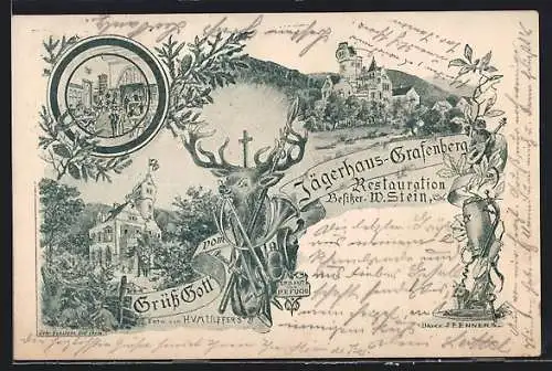 Lithographie Grafenberg / Düsseldorf, Restaurant Jägerhaus, Inh. W. Stein, mit Innenansicht