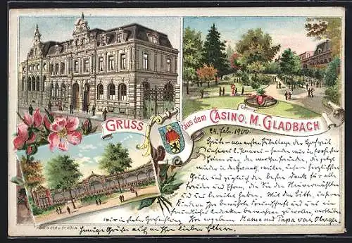 Lithographie M.-Gladbach, Casino mit Restaurant und Grünanlagen